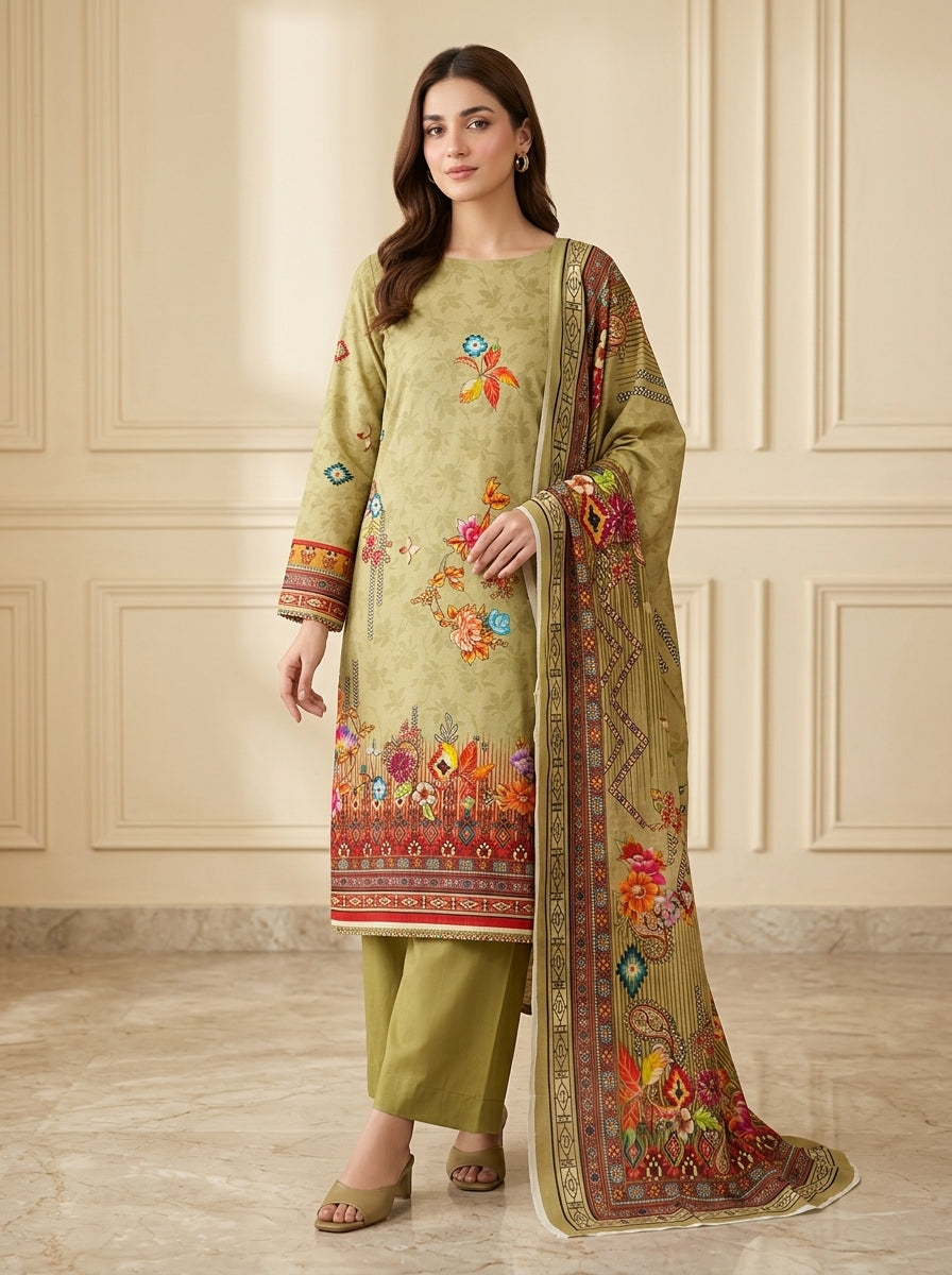 Lavender Geometric Print 3-Piece Unstitched Suit