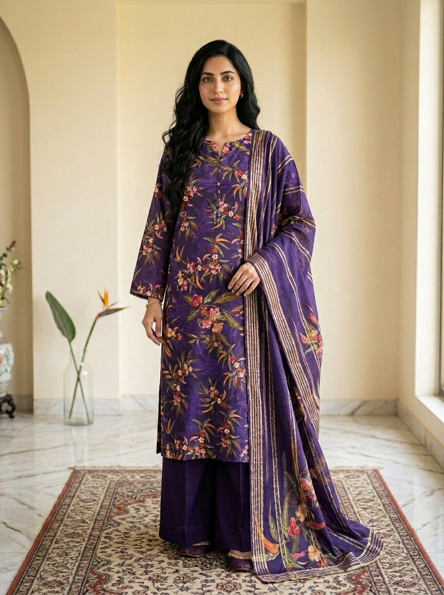 Emerald Green Floral Print 3-Piece Unstitched Suit