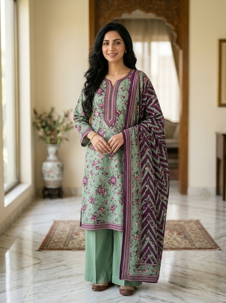 Navy Blue Floral Print 3-Piece Unstitched Suit