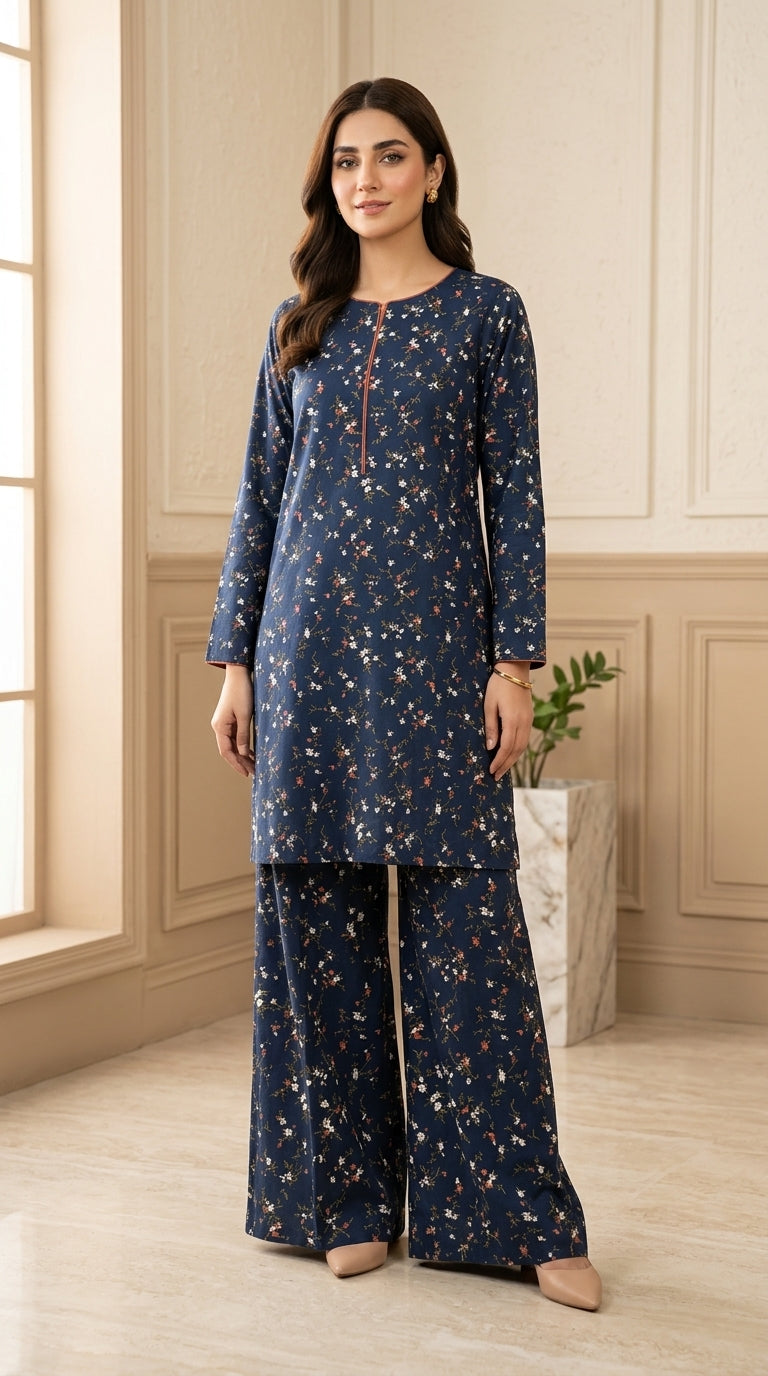 Dark Navy Small Floral Print 2-Piece Unstitched Suit