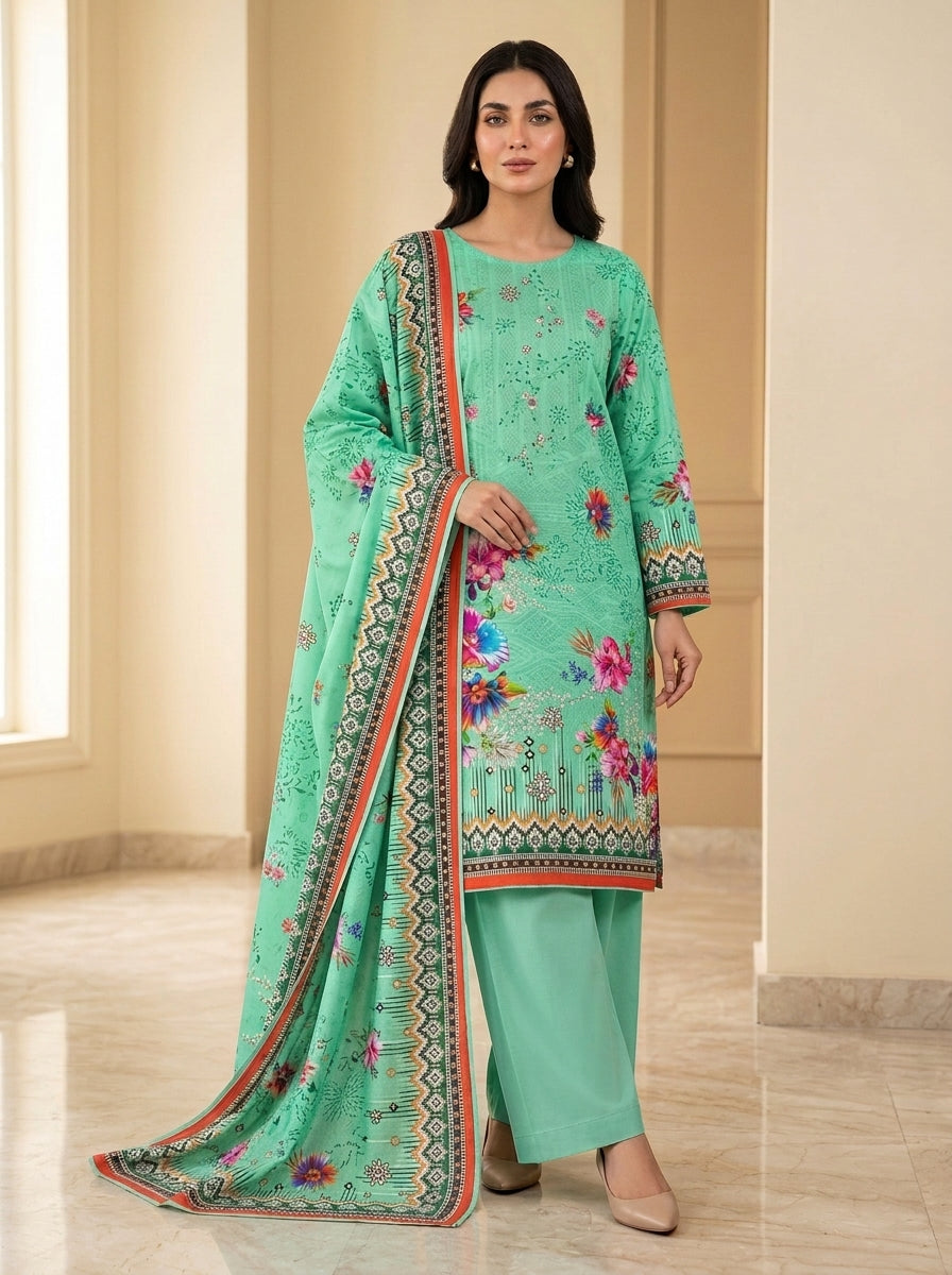 Black Gold Daisy Print 3-Piece Unstitched Suit