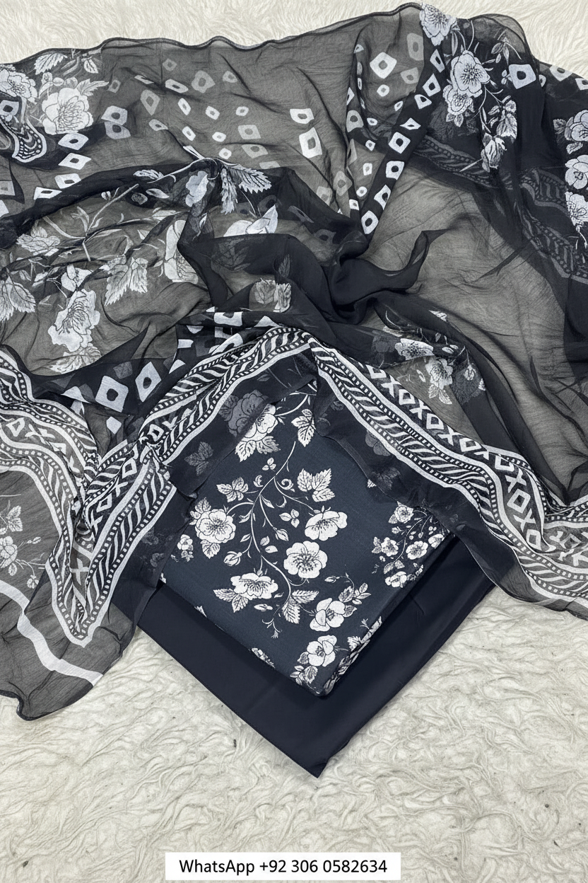 Black and white floral digital printed soft Lilan suit fabric and dupatta detail