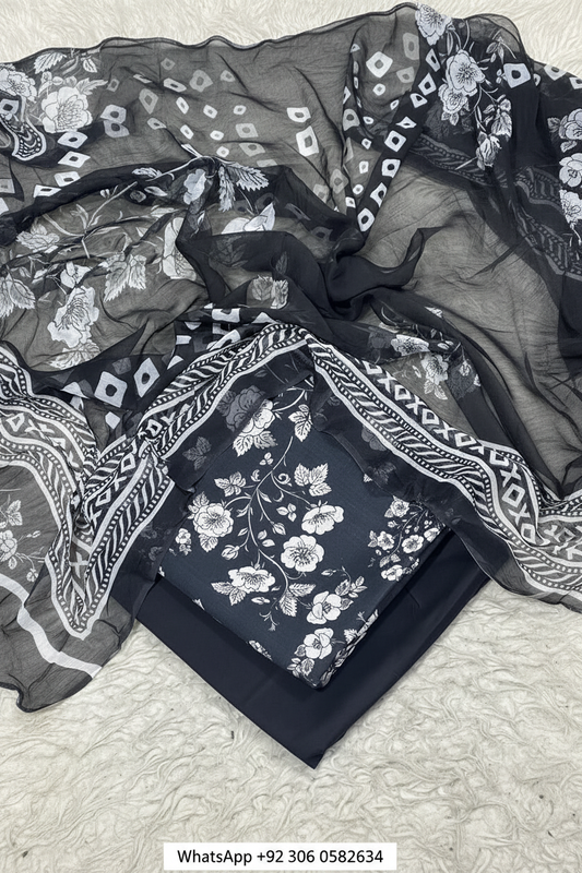 Black and white floral digital printed soft Lilan suit fabric and dupatta detail