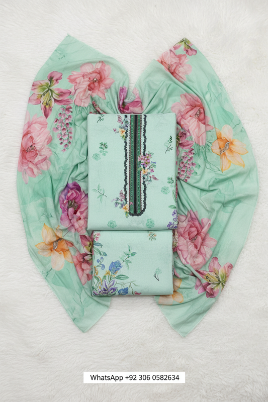 Ice blue and mint floral Karandi printed 3-piece suit fabric set