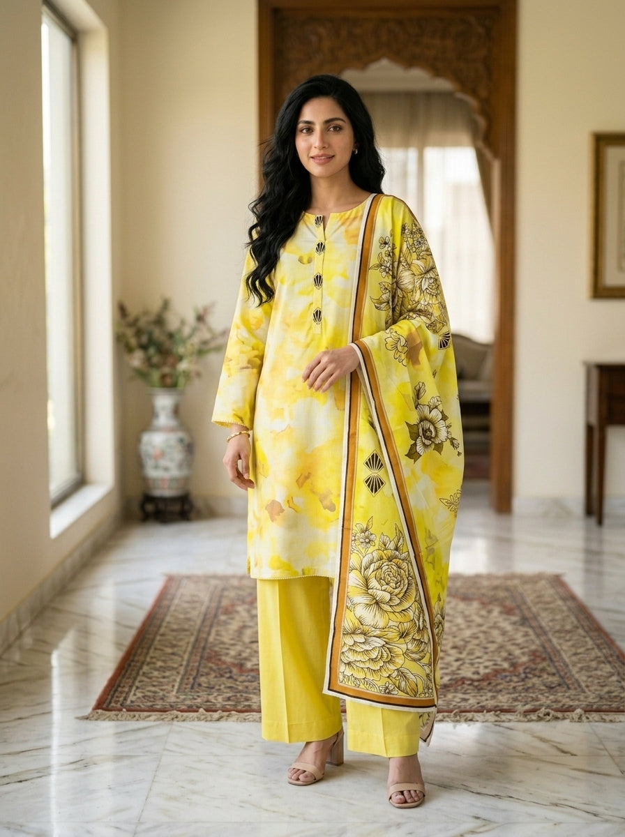 Grey Floral Print 3-Piece Unstitched Suit