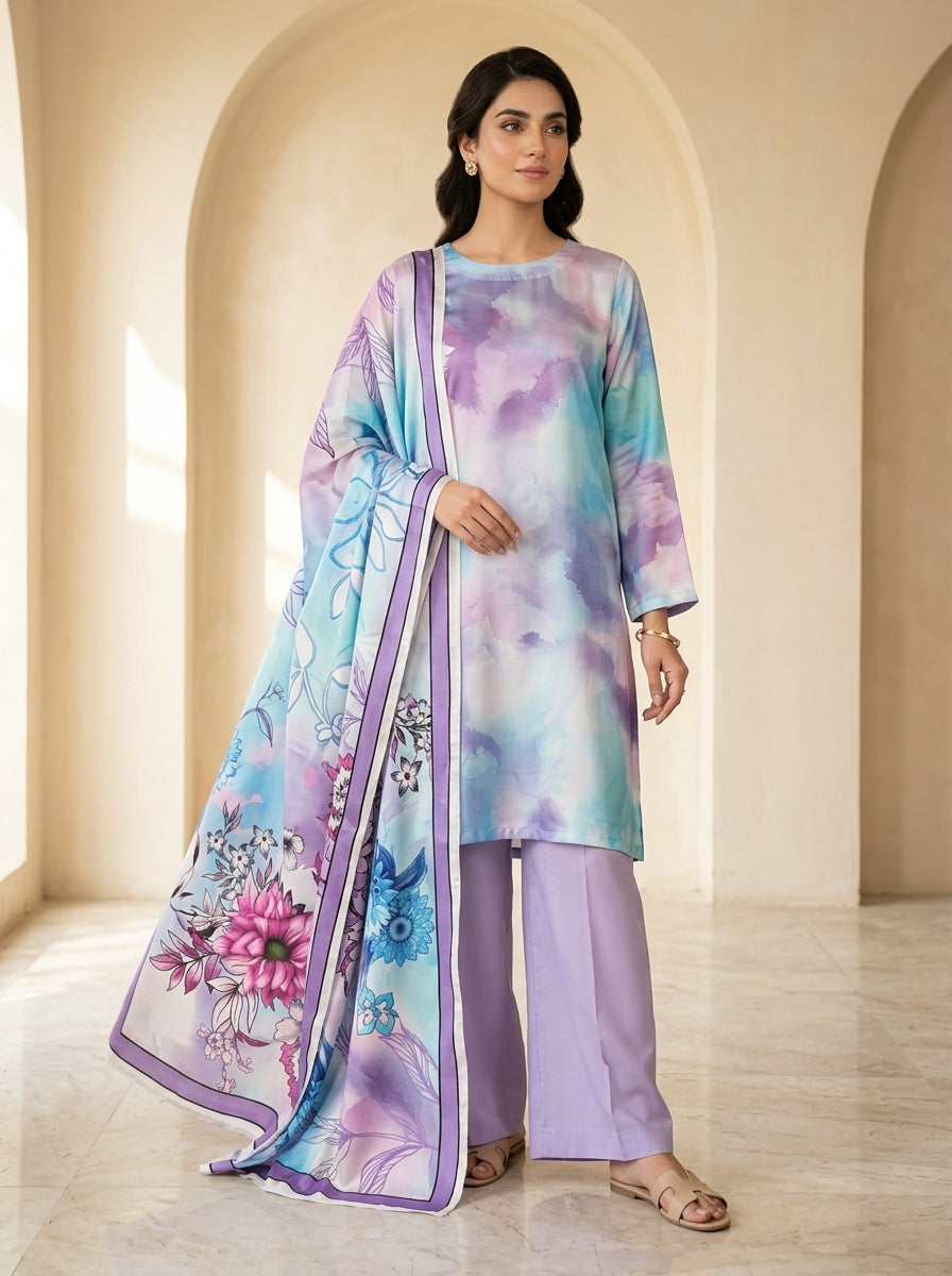 Bottle Green Floral Print 3-Piece Unstitched Suit