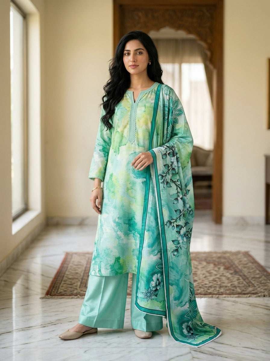 Aqua Blue Floral Print 3-Piece Unstitched Suit