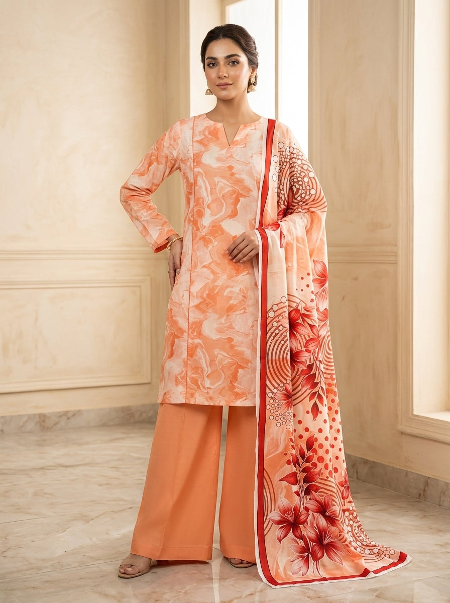 Red Floral Print 3-Piece Unstitched Suit