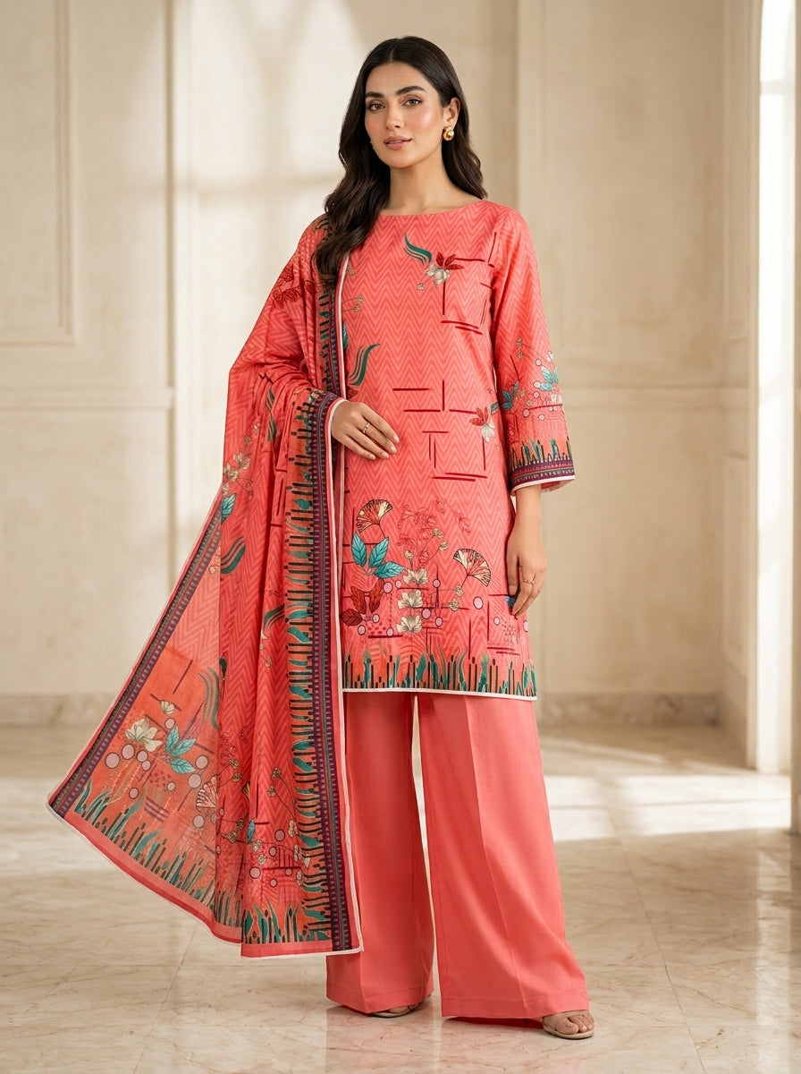 Dusty Pink Floral Print 3-Piece Unstitched Suit
