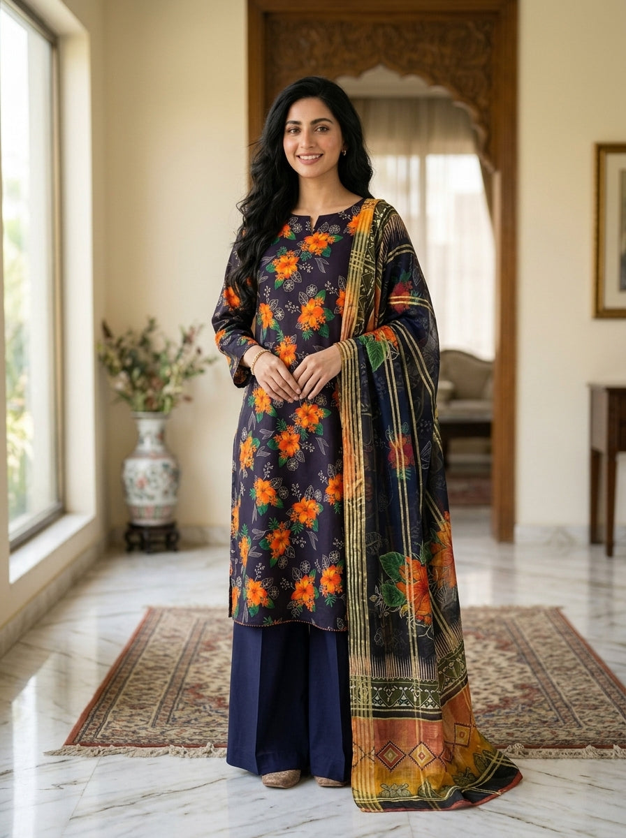 Indigo Floral Print 3-Piece Unstitched Suit