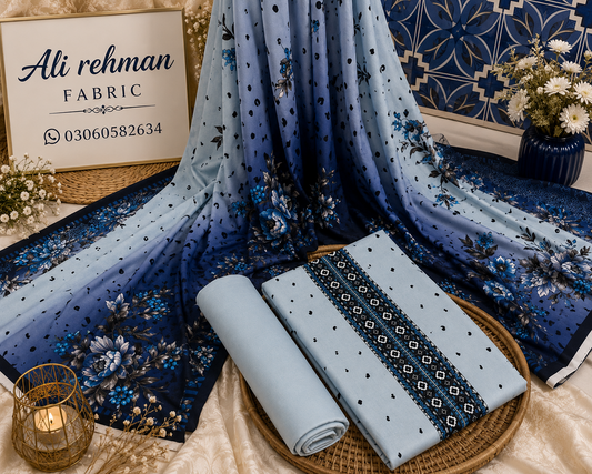 Sky Blue Polka Dot 3 Piece Unstitched Suit
