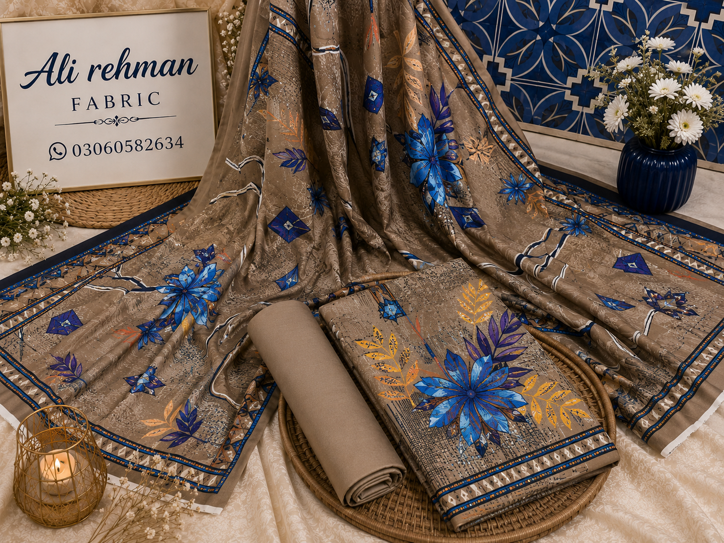 Taupe Blue Lotus 3 Piece Unstitched Suit