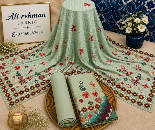 Teal Printed 3 Piece Unstitched Suit