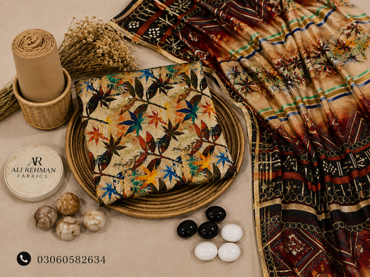 Beige Blue Floral 3 Piece Unstitched Suit