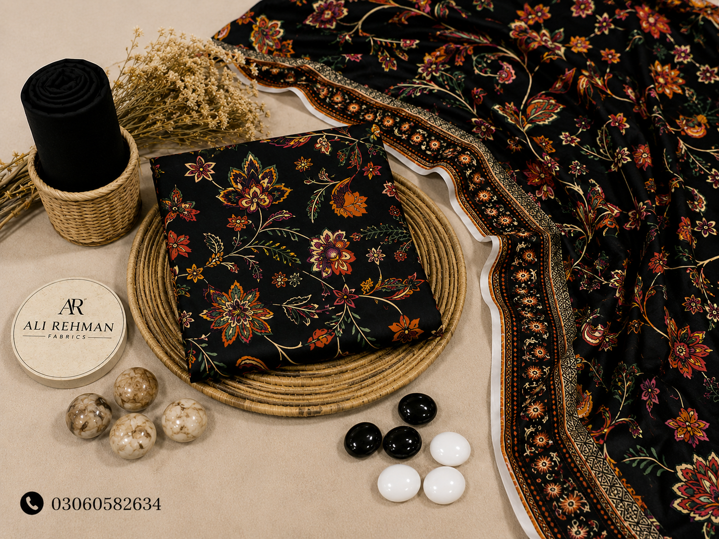 Black & Gold Daisy 3 Piece Unstitched Suit