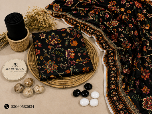 Black & Gold Daisy 3 Piece Unstitched Suit