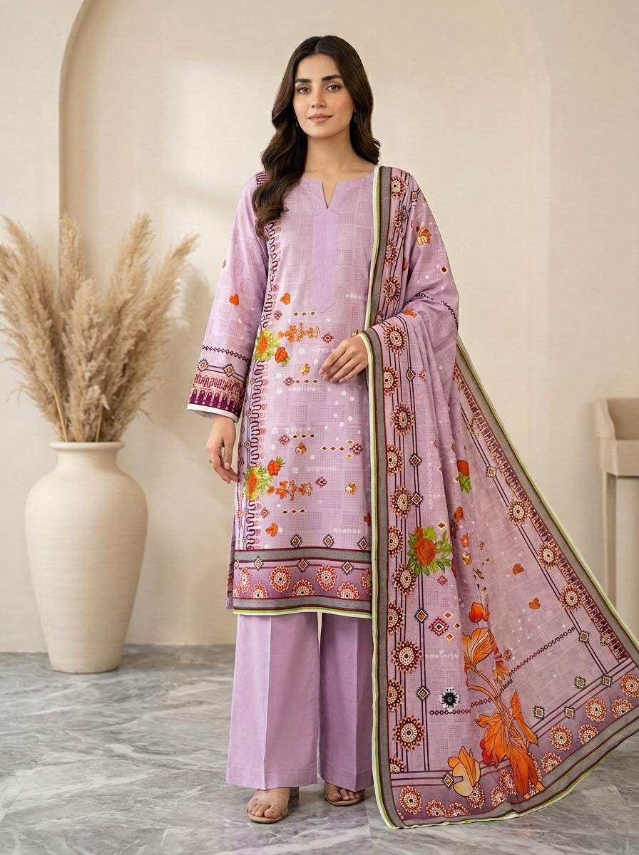 Mauve Floral Print 3-Piece Unstitched Suit