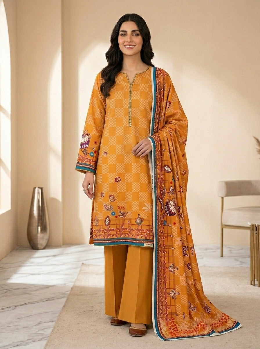 Turquoise Floral Print 3-Piece Unstitched Suit