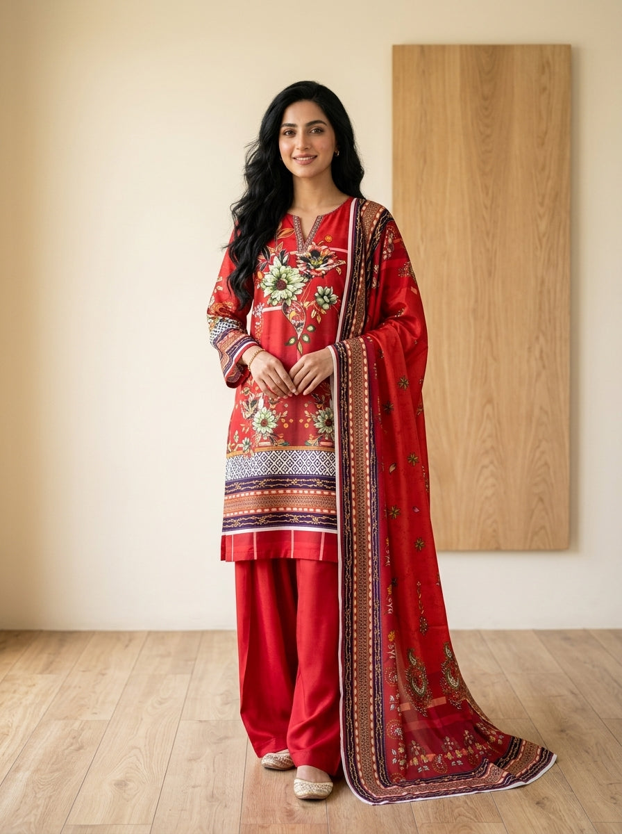 Burgundy Floral Print 3-Piece Unstitched Suit