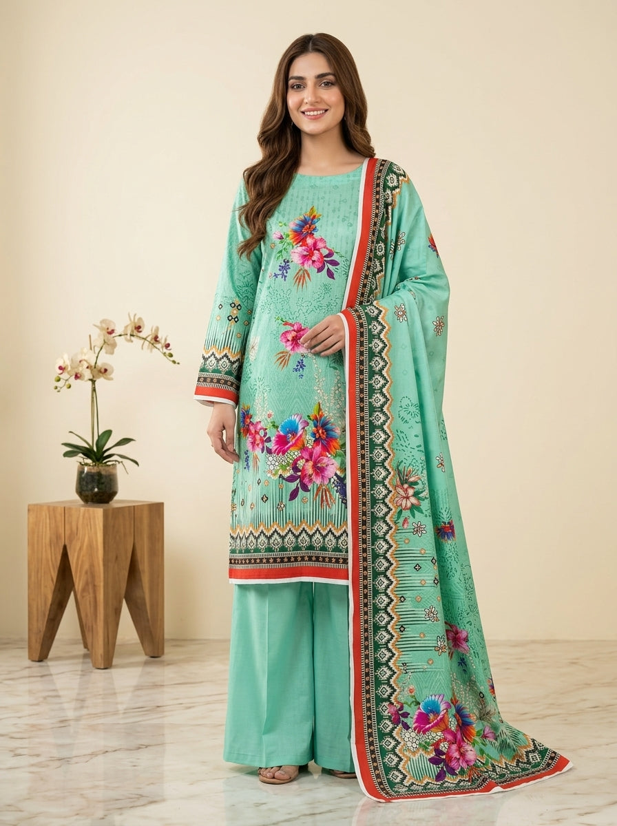 Teal Printed 3-Piece Unstitched Suit