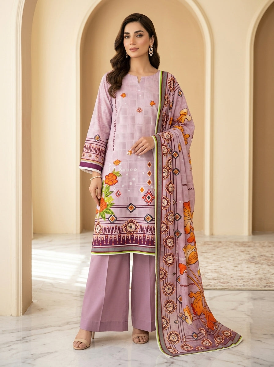 Pink Floral Print 3-Piece Unstitched Suit