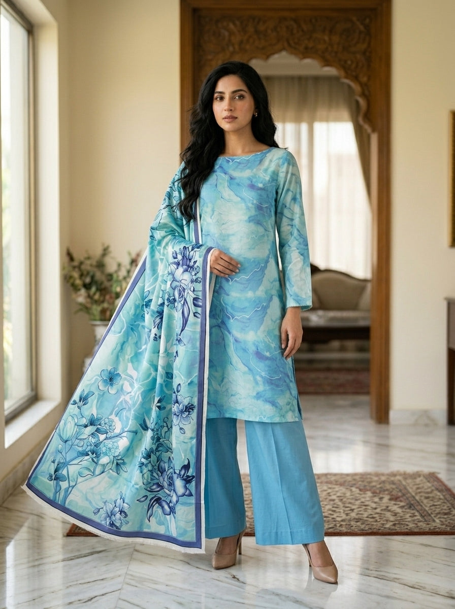 Peach Watercolour Floral 3-Piece Unstitched Suit
