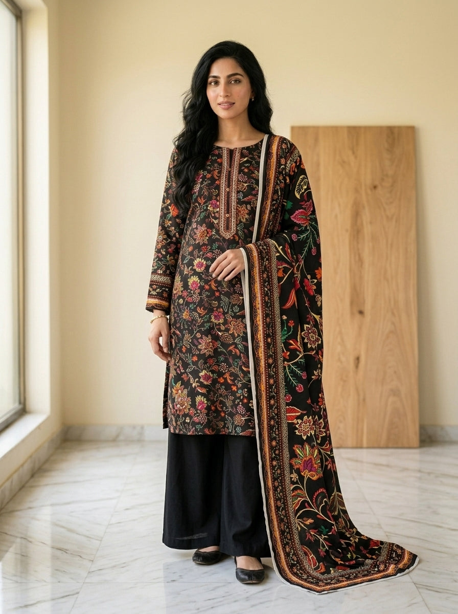 Coral Geometric Botanical 3-Piece Unstitched Suit