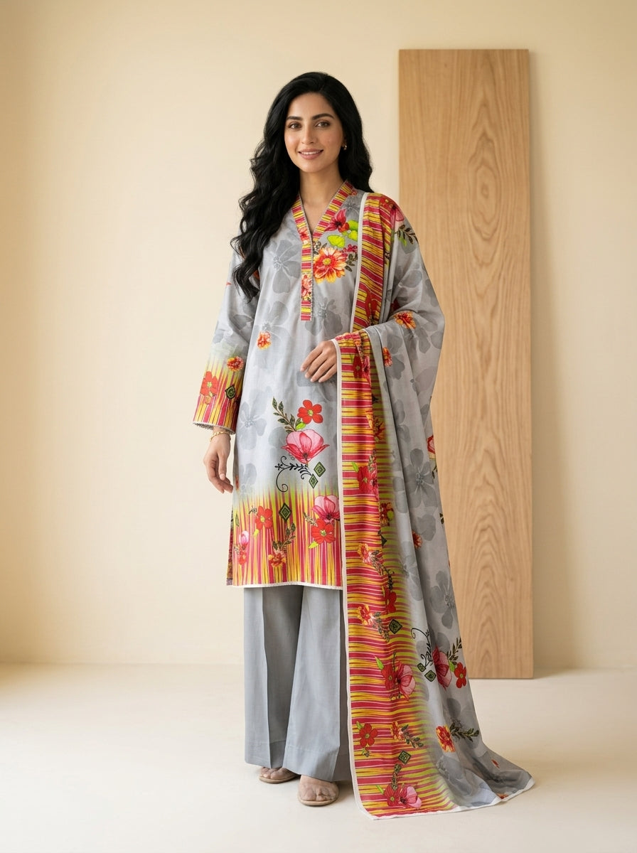 Deep Purple Tropical Floral 3-Piece Unstitched Suit