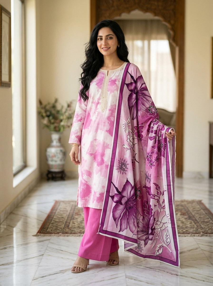 Cream Floral Print 3-Piece Unstitched Suit
