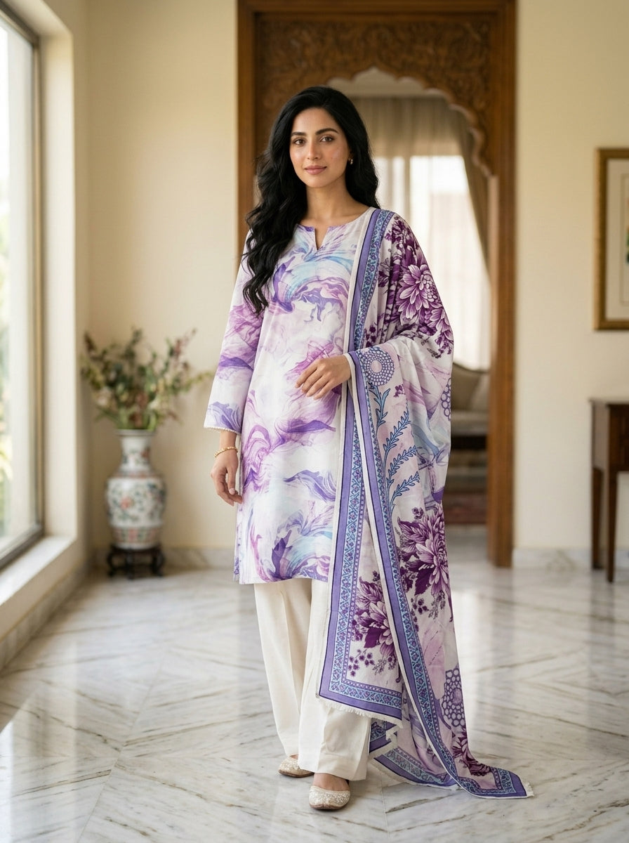 Orange Floral Print 3-Piece Unstitched Suit