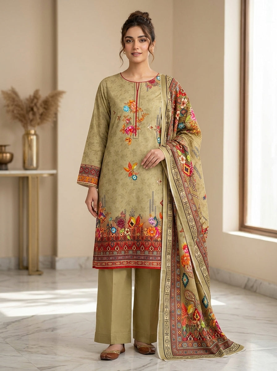 Maroon Floral Print 3-Piece Unstitched Suit