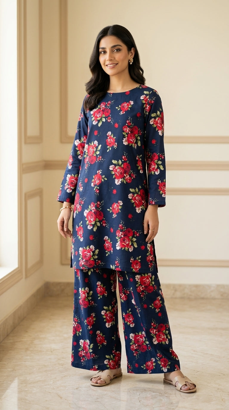 Navy Blue Large Rose Print 2-Piece Unstitched Suit