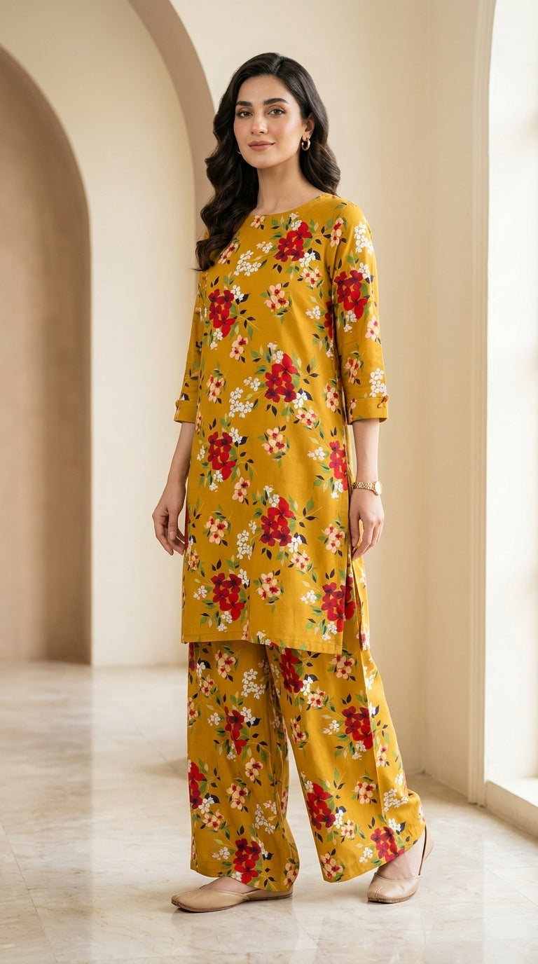 Mustard Yellow Floral Print 2-Piece Unstitched Suit