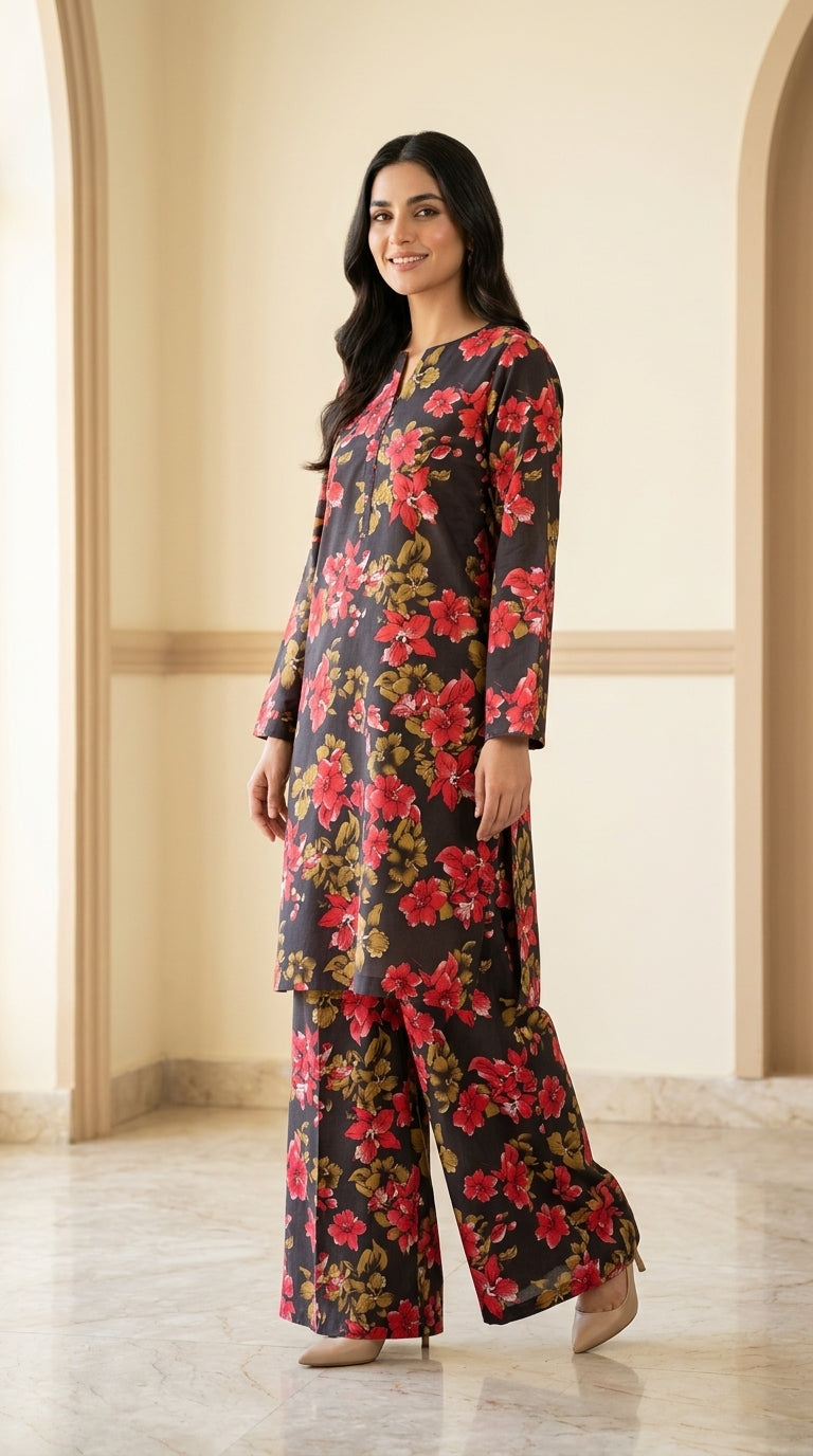 Black Floral Print 2-Piece Unstitched Suit