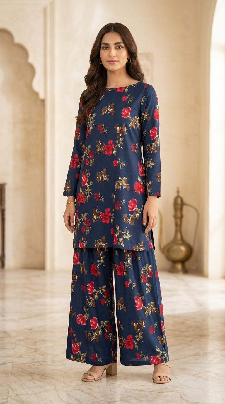 Navy Blue Rose Print 2-Piece Unstitched Suit
