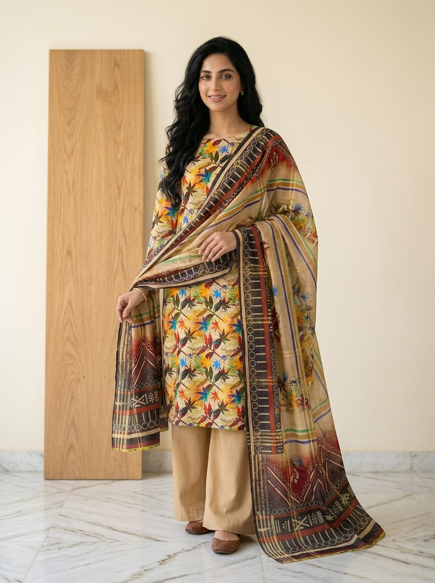 Sky Blue Printed 3-Piece Unstitched Suit
