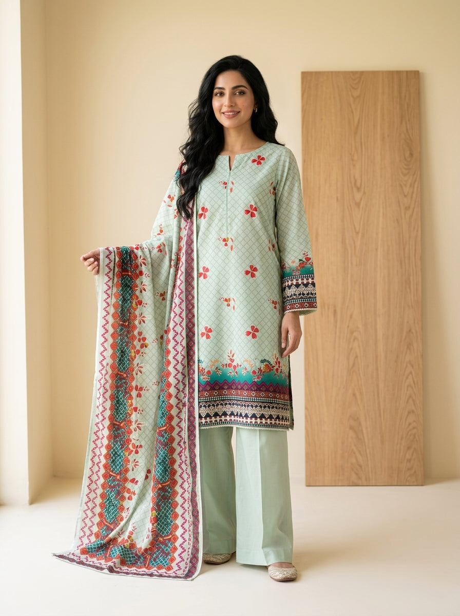 Olive Green Printed 3-Piece Unstitched Suit
