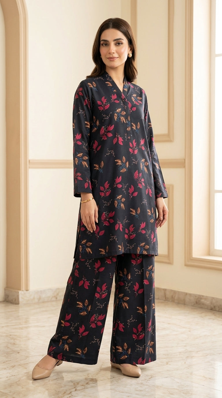 Black Leaf Print 2-Piece Unstitched Suit