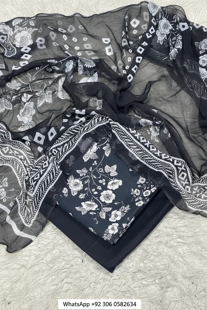 Black and white floral digital printed soft Lilan suit fabric and dupatta detail