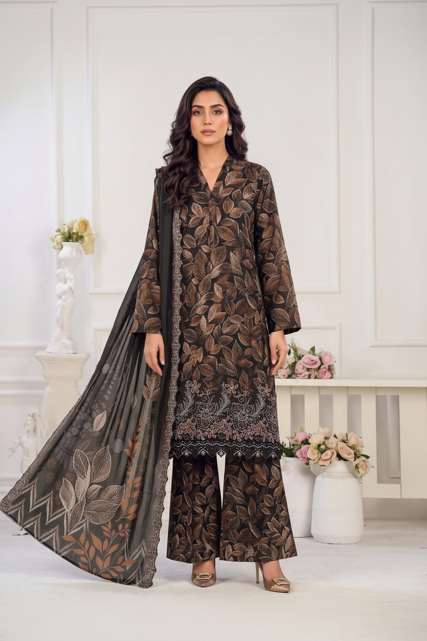 Model wearing black and brown Danak printed 3-piece unstitched suit with embroidered dupatta