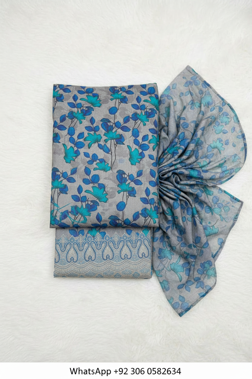 Blue and teal Danak printed suit fabric set with embroidered daman border