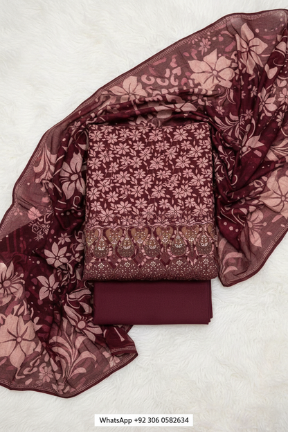 Maroon Danak printed fabric set with embroidered daman and dupatta