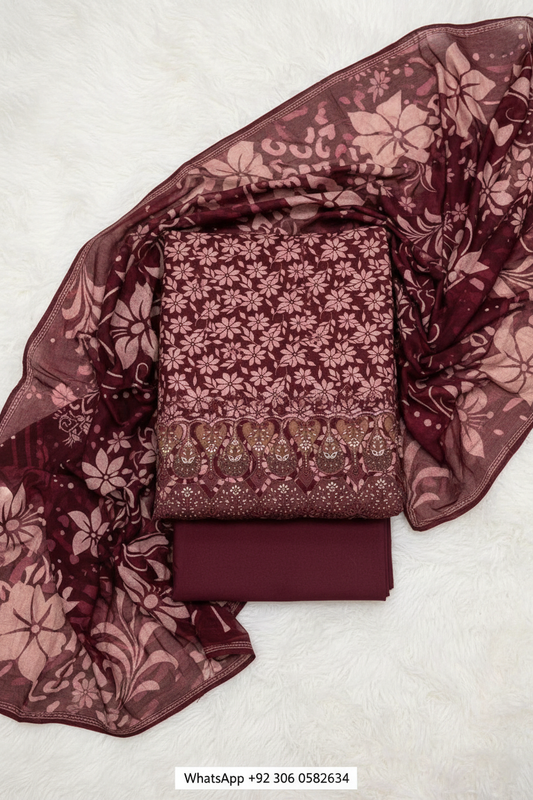 Maroon Danak printed fabric set with embroidered daman and dupatta