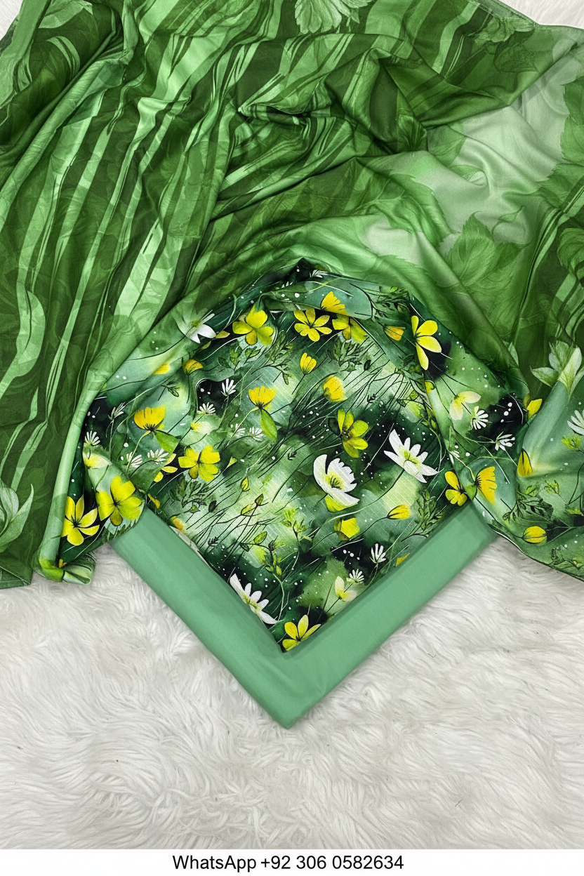 Green digital printed Slub Lilan shirt and dupatta with solid green trouser fabric