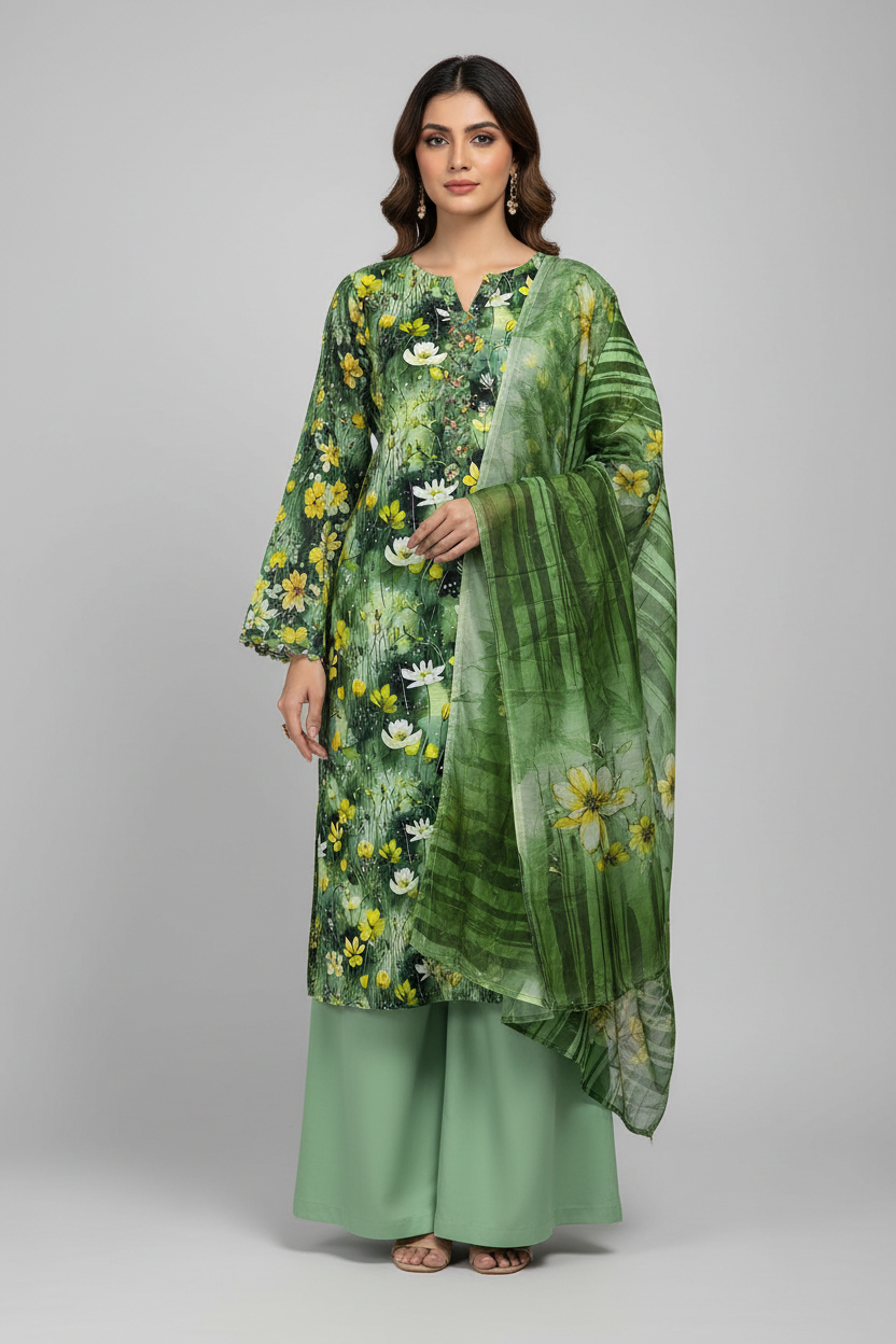 Model wearing green Slub Lilan digital printed 3-piece unstitched suit with printed dupatta