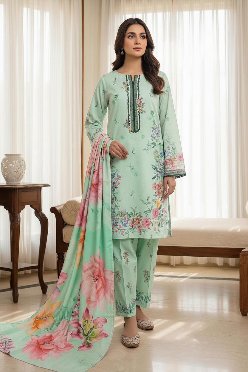 Model wearing ice blue Karandi printed 3-piece unstitched suit with floral dupatta