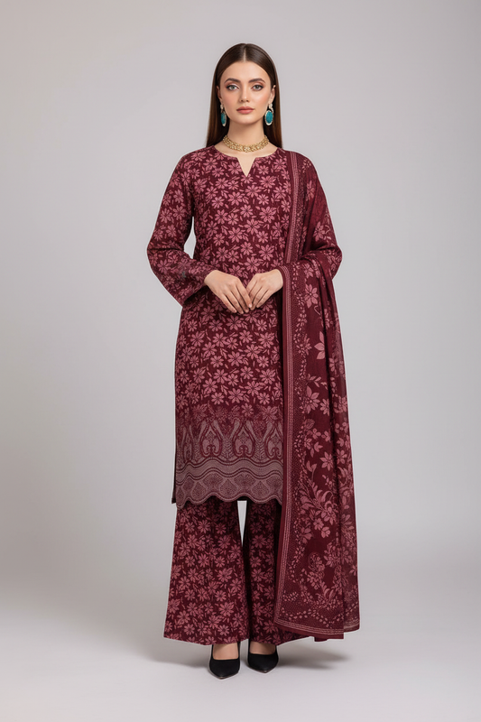 Model wearing maroon Danak printed 3-piece unstitched suit with embroidered daman