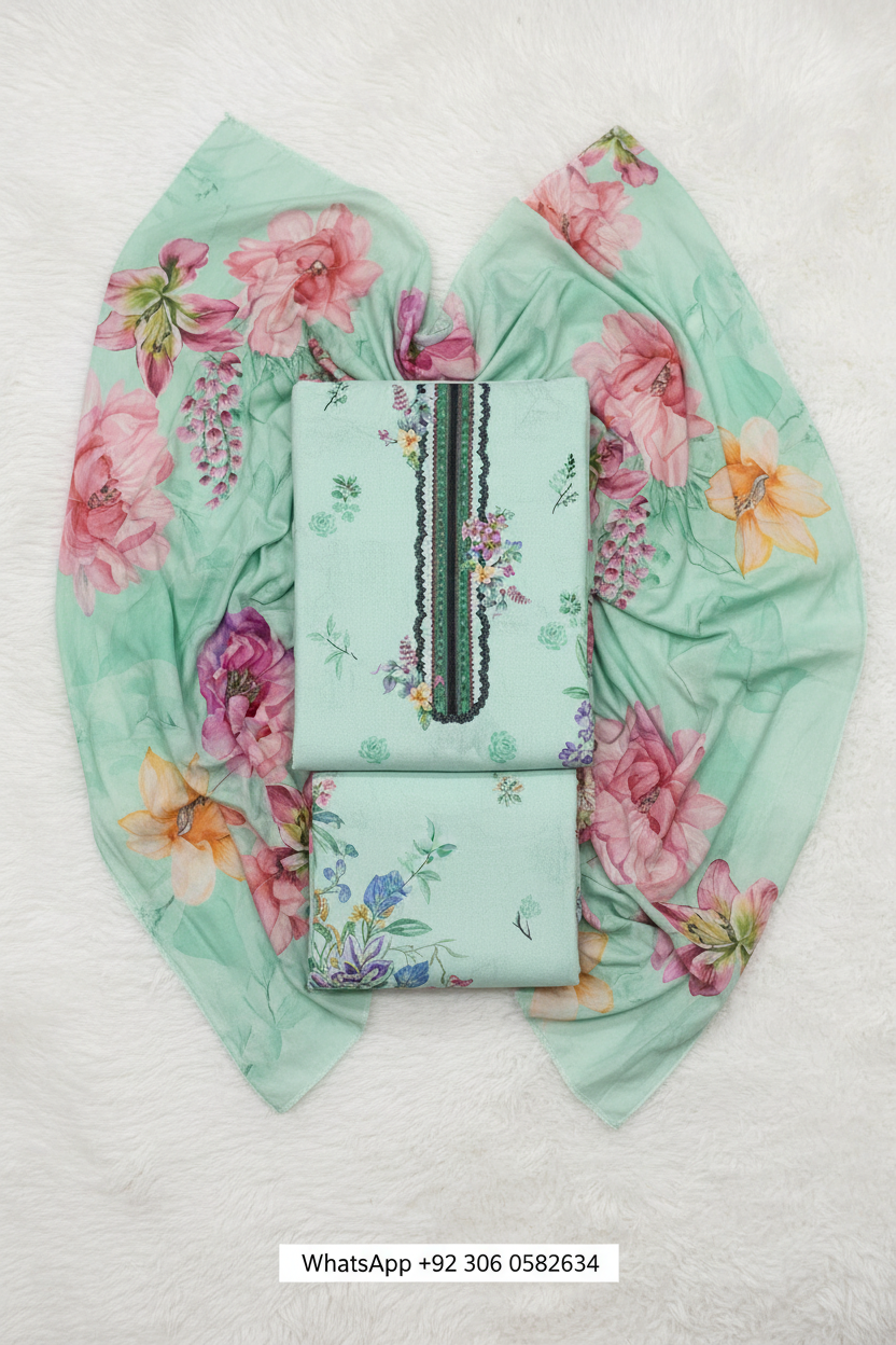 Ice blue and mint floral Karandi printed 3-piece suit fabric set
