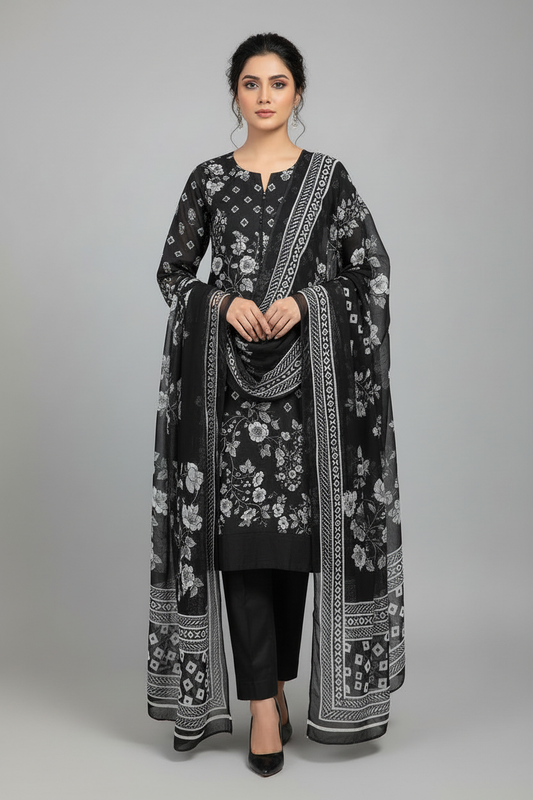 Monochrome Soft Lilan Digital Printed 3-Piece Unstitched Suit - women's unstitched suit - Ali Rehman Fabrics