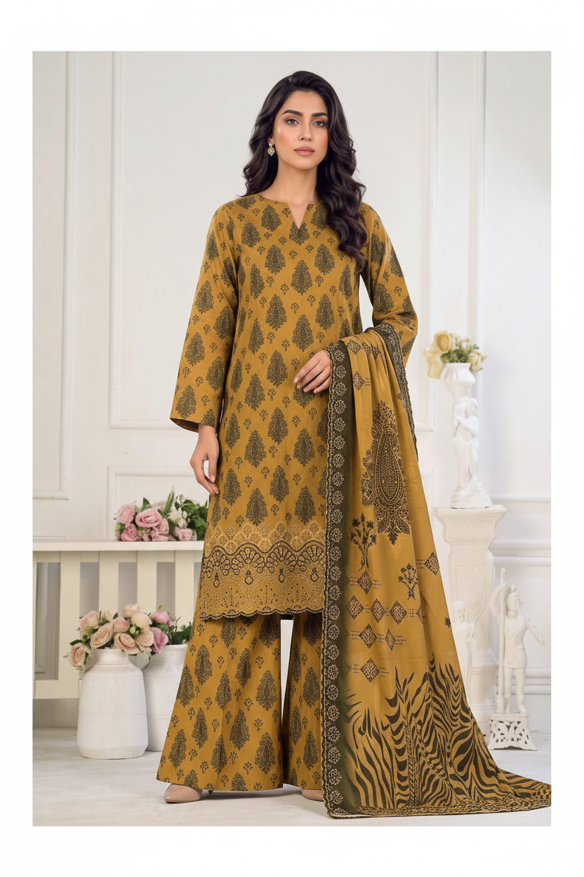 Model wearing mustard Danak printed 3-piece unstitched suit with printed embroidered dupatta